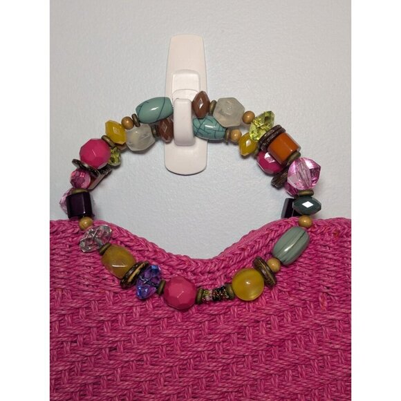 Vintage Cappelli Hot Pink Woven Straw Purse Beaded Handle Handbag Summer Bag - Picture 2 of 5